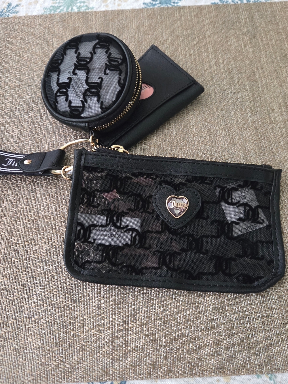 Juicy Couture Black Clear Logo Wristlet Trio with Gold Heart Charm